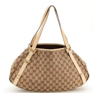 Gucci Shoulder Tote Bag in Tan GG Canvas with Leather Trim